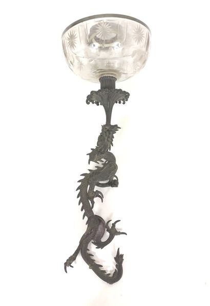  Bronze decorative element / Oil lamp ? representing a dragon, holding in its claws...