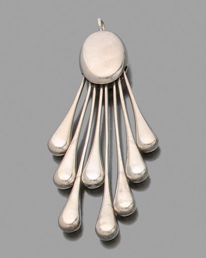  A silver (925) curved, articulated pendant, holding eight stylized drops of different...