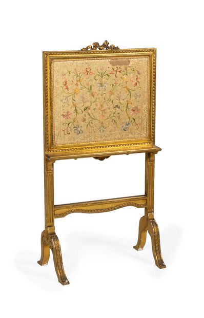  Small moulded gilded wood mantel screen, trimmed with embroidered fabric with floral...