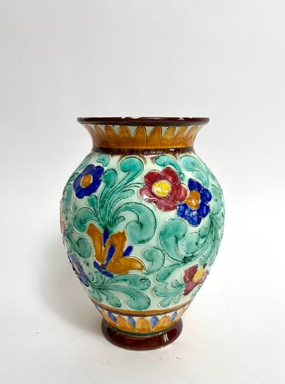  MONACO. Vase with twisted handles with enamelled floral decoration, two vases with...
