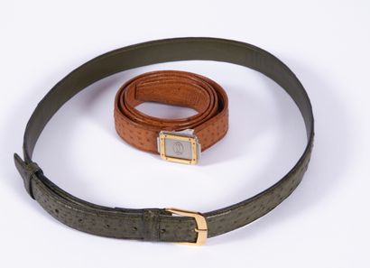  CARTIER, ANONYMOUS 
TWO GENTLE BELTS in gold and khaki ostrich 
approx. 100 cm 
(small...