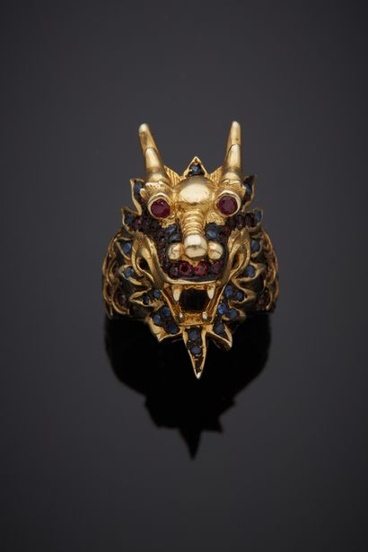  Important blackened silver and vermeil (925‰) openwork, carved "dragon" ring set...