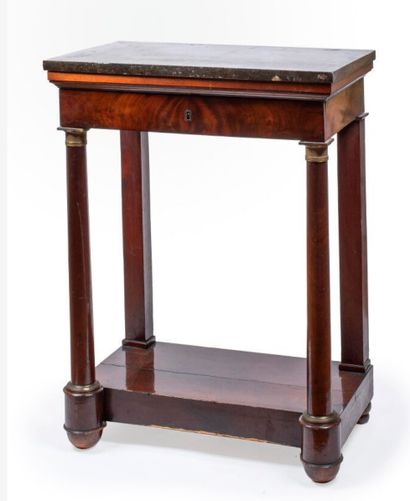  Mahogany and mahogany veneer console table ; rectangular in shape, it has a large...