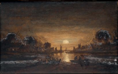 Dans le goût d'Aert van der NEER (1603-1677) Paysage lacustre au clair de lune animé...