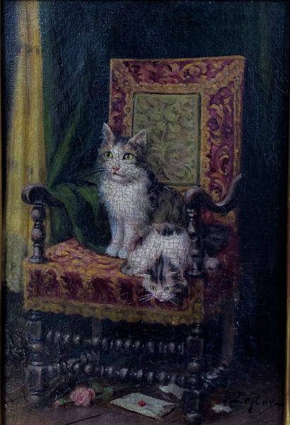 Jules Le Roy Chats sur un fauteuil Huile sur toile Signée en bas à droite 33 x 24...