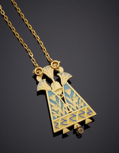  Yellow gold (750‰) "Scarab" pendant held by a CHAIN enhanced by two snakes, a central...