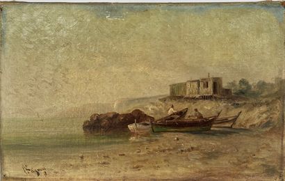 Paul SEIGNON (1820-1890) Barques au rivage Huile sur toile, signée en bas à gauche...