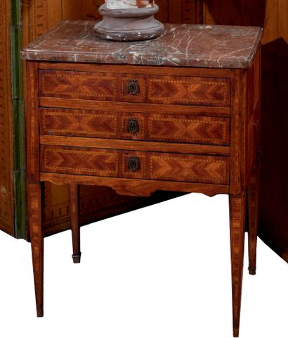 Three drawer inlaid coffee table with marble top. late 18th century