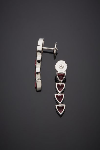  Pair of EARPENDANTS in white gold (750‰) set with an alignment of pink tourmalines...