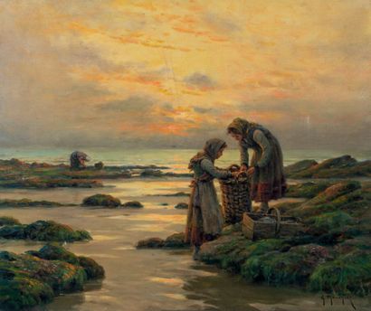 Georges P. MARONIEZ (1865-1933) Pêcheuses à pied au crépuscule Huile sur toile, signée...