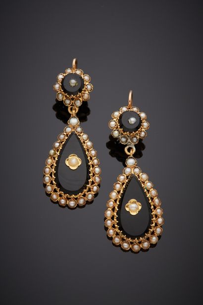  Pair of yellow gold (750‰) EARRINGS "drops" adorned with two round and pear-shaped...