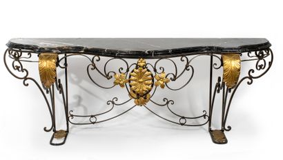  Large black and gold lacquered wrought iron console with scrolls and acanthus leaves,...