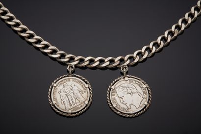  Important metal NECKLACE with filed curb chain, holding two silver PENDANTS (min.800‰)...