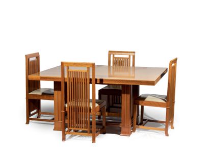 Frank Lloyd WRIGHT (1869-1959) & CASSINA Four varnished cherry wood chairs Cassina...