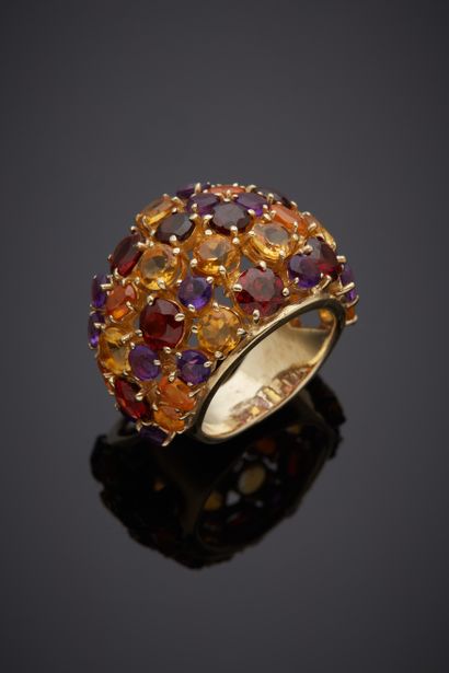  Large openwork vermeil (925‰) domed ring set with garnets, citrines and round amethysts....