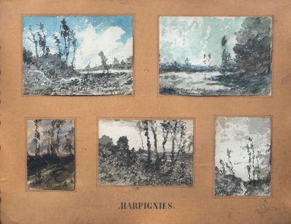  Henri Joseph HARPIGNIES (1819-1916) Five landscapes in a frame Watercolours and...