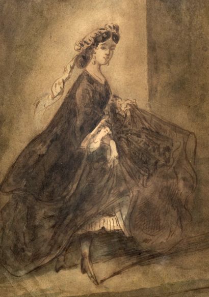 Constantin GUYS (1802/05-1892) Femme au bal Lavis d'encre sur papier, encadré 22,5...