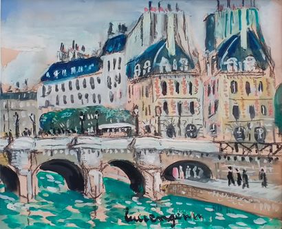 Lucien GENIN (1894-1953) Pont Henri IV à Paris Gouache sur papier, signée en bas...