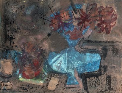 Marc JANSON (1930-) Fleurs dans un vase Technique mixte sur papier, signée en bas...