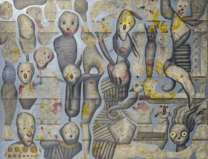 Javier PAGOLA (1955-) Characters, 1995 Mixed media on paper, signed and dated lower...