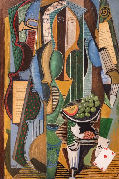 PETROFF (XX siècle) Composition cubisante avec femme et nature morte Huile sur panneau,...