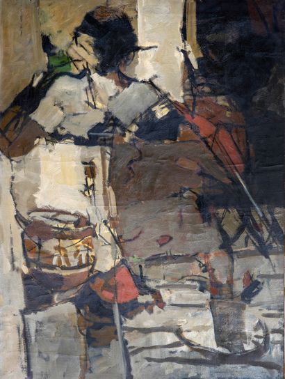 Chitrovanu MAZUMDAR (1956-) Atelier de l'artiste Huile sur toile, annotation sur...
