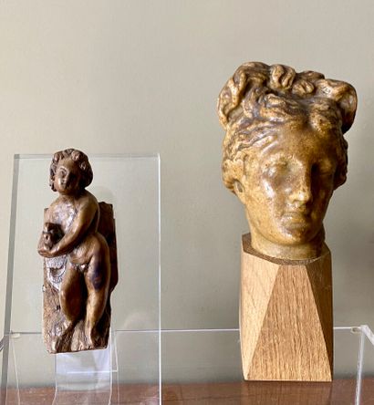 Amour en bois sculpté (10 cm)et tête féminine...