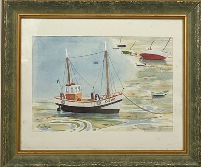  Haudrey. aquarelle "Bateau de pêche" et gravure "Port de pêche"