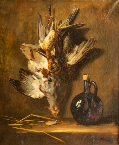  M. LEROUX French school of the 19th century ? 
 
Hanging partridge trophy and pitcher...