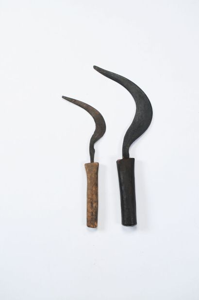 Two curved palm wine tongs in wrought iron,...