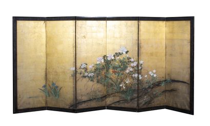 Byobu screen with six panels decorated with...