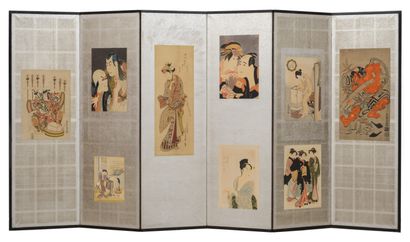 A six-panel Byobu screen with nine facsimile...