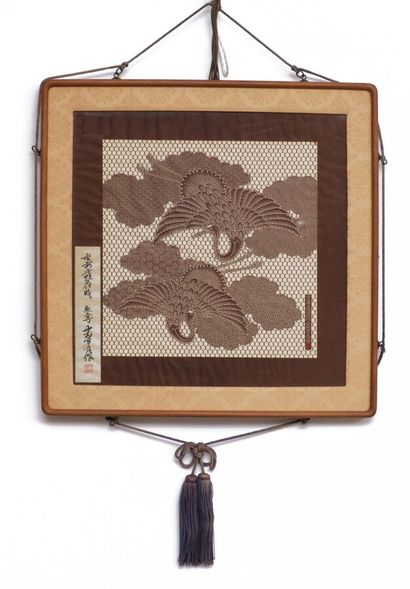 Framed katagami representing 2 birds cranes...