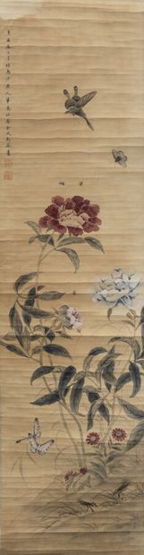 Painting mounted in kakemono, decorated with...