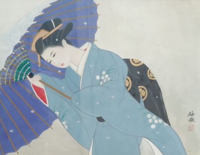 Peinture représentant une Geisha penchée,...