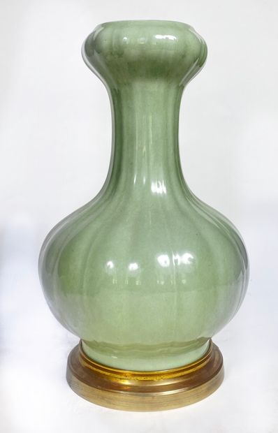 Celadon enamelled porcelain vase, with ribbed...