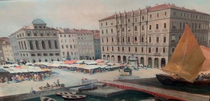 G. POGNA (1845-1907) Vue de place en Italie (Venise ?) Huile sur toile signée en...