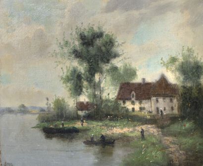 Ecole début XXème siècle Paysage de bord de rivière Huile sur toile 38 x 45 cm