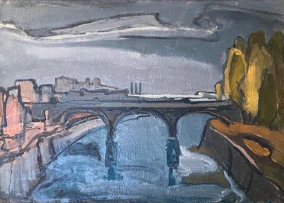 Pont sur la Seine 
Huile sur toile, signée...
