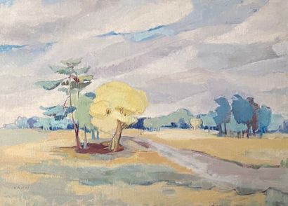  Paysage aux arbres 
Huile sur toile, signée en bas à gauche 
73 x 100 cm