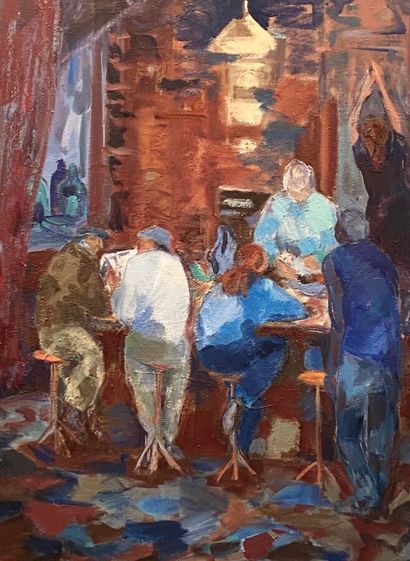Coffee in Soho 
Oil on canvas, titled on...