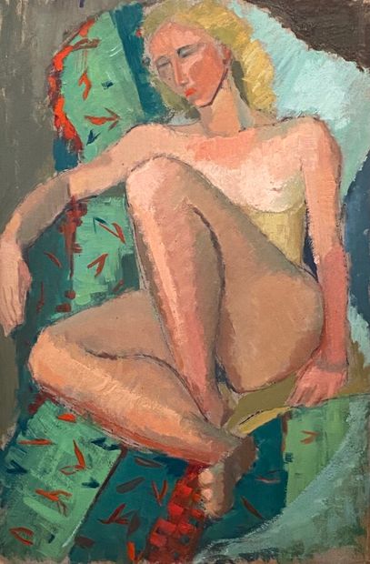  Self-portrait, double face 
Oil on cardboard, on the back a seated nude woman 
81...