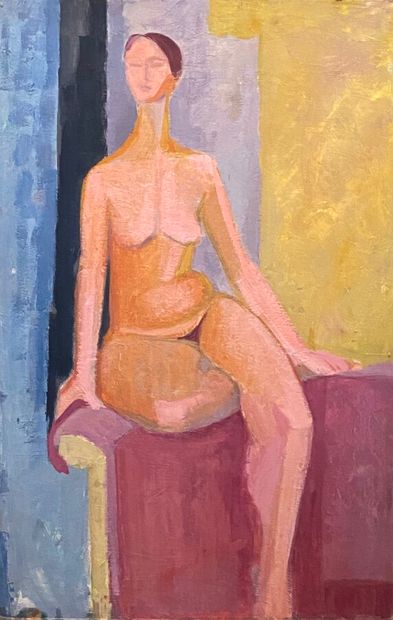 Seated nude woman, double face 
Oil on board,...