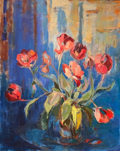 Tulipes 
Huile sur toile, titrée au dos 
92...