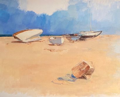 Seaside: boats on the beach 
Oil on canvas,...