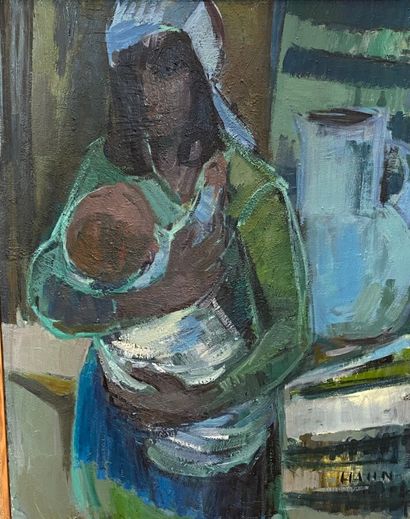 Maternité verte 
Huile sur toile, signée...