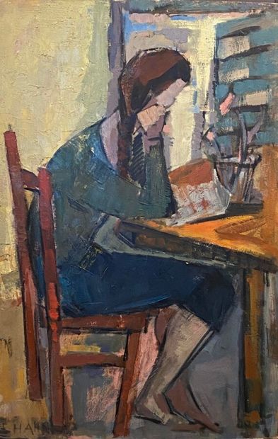 Seated woman reading a letter 
Oil on cardboard,...