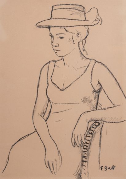François GALL (1912-1987) Femme au chapeau Fusain sur papier, signé en bas a droite,...