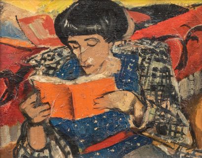 François DESNOYER (1894-1972) Souza à la lecture Huile sur toile, signée en bas à...