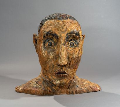 Philippe COGNÉE (1957-) Tête d'homme1986 Sculpture en bois peint, signée sur la bas...